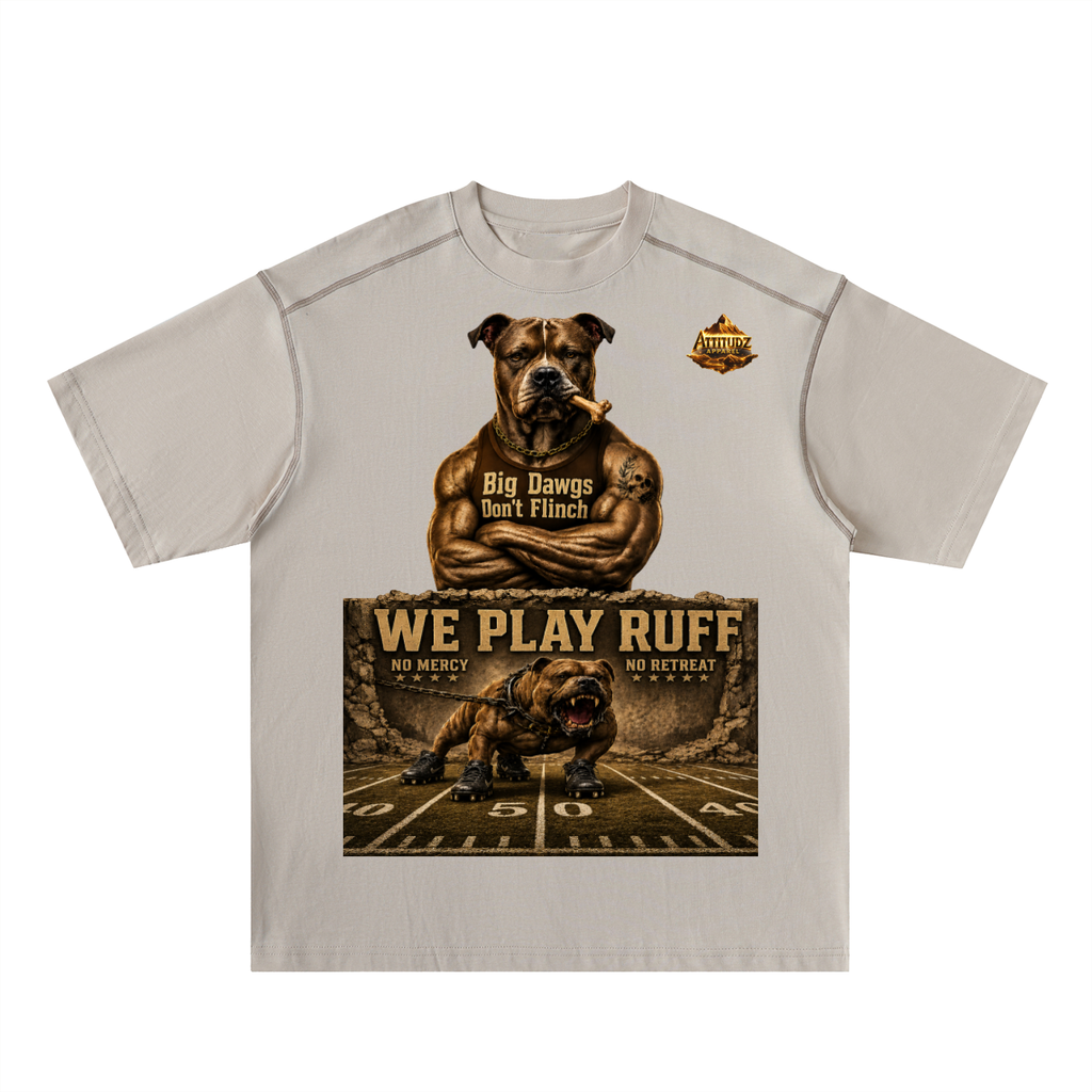 "We Play Ruff" Oversized Contrast-Stitched Cotton Tee