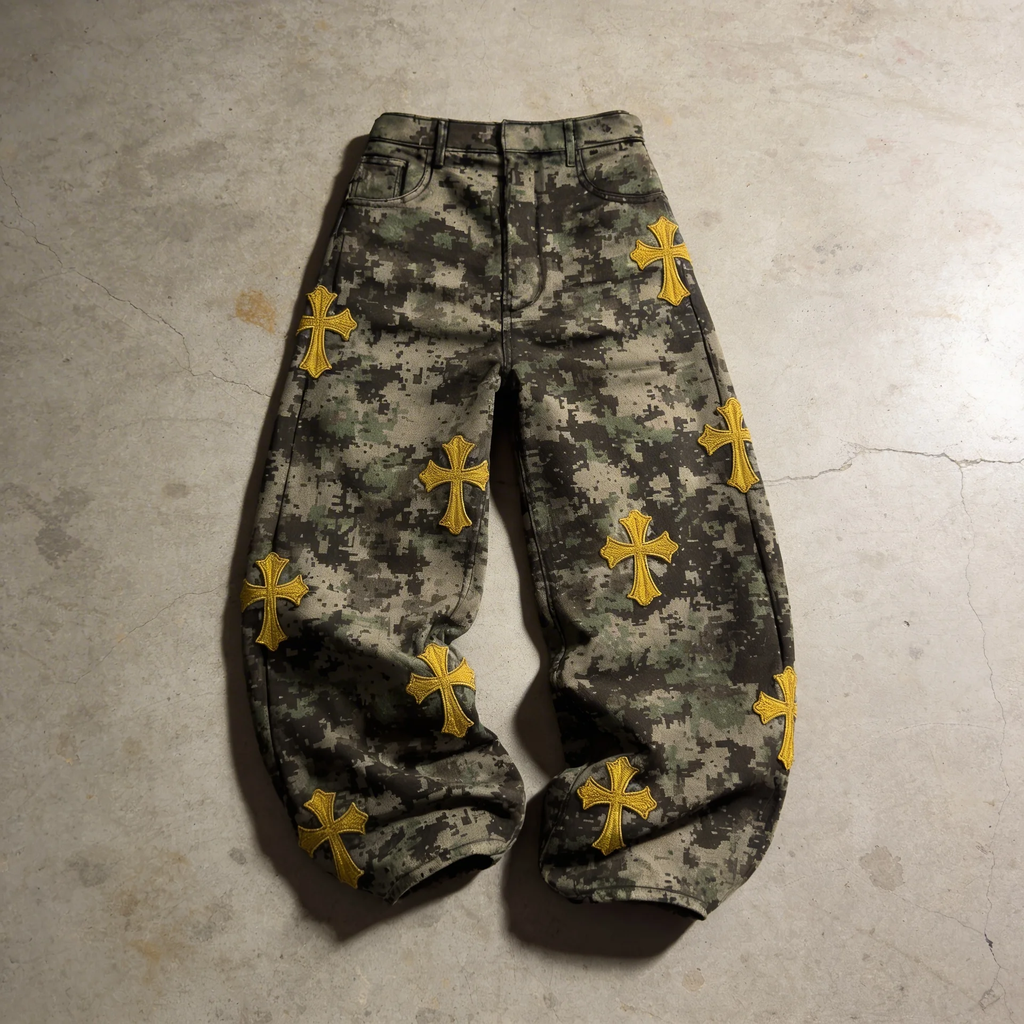 Digital Warfare – Embroidered Camo Denim Pants