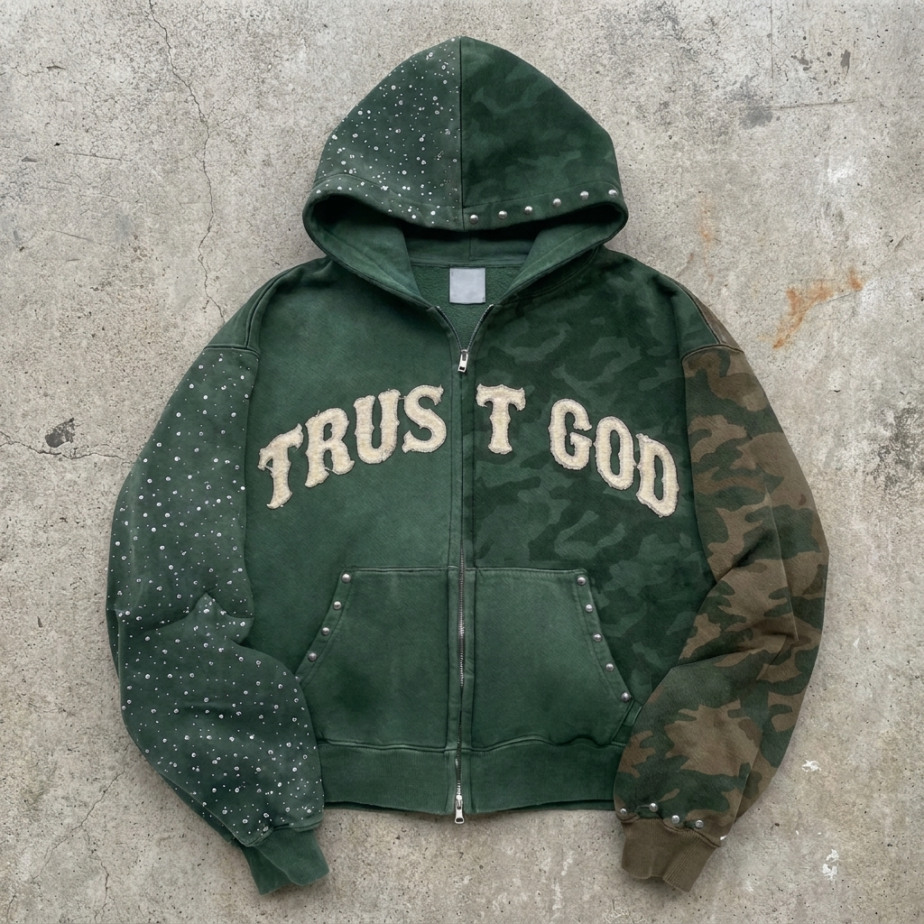 Trust God Rhinestone Camo Zip Hoodie