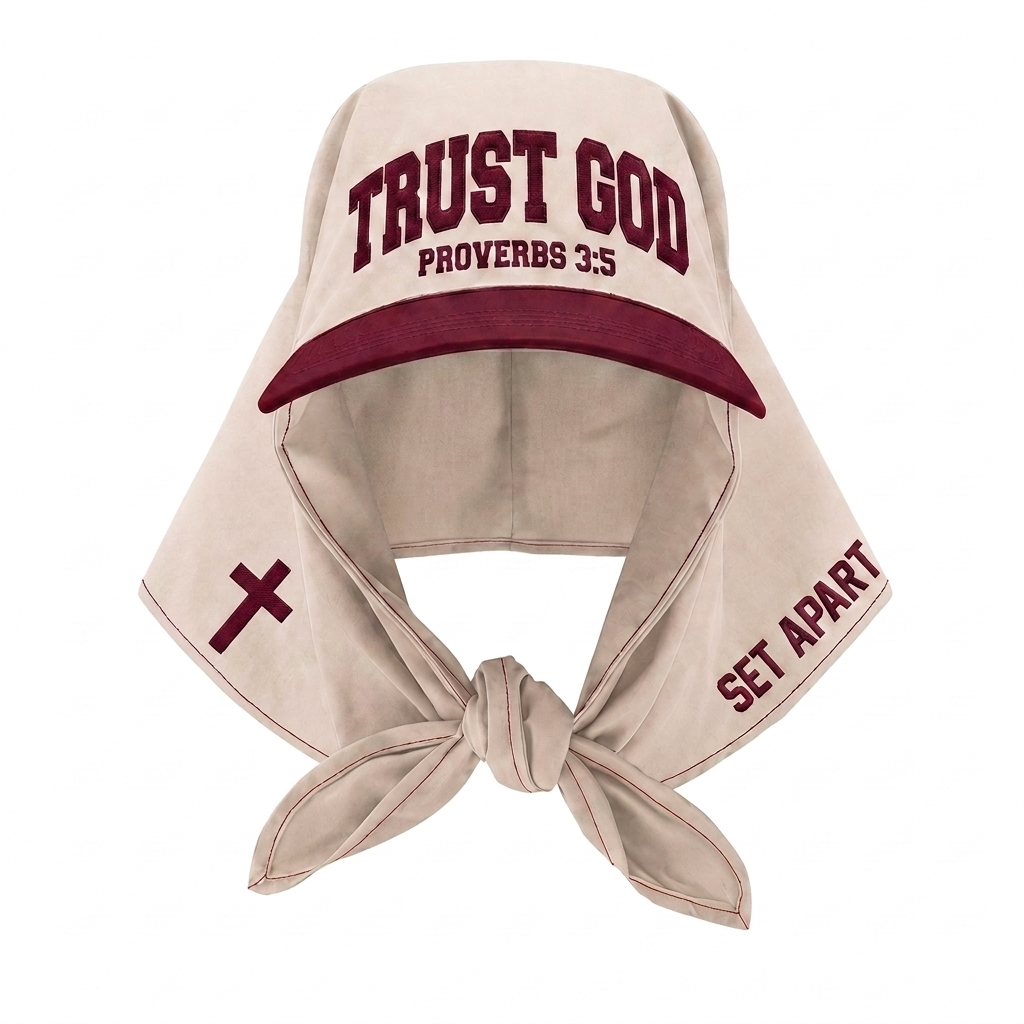 Trust God Set Apart Headscarf Hat — Cream/Burgundy