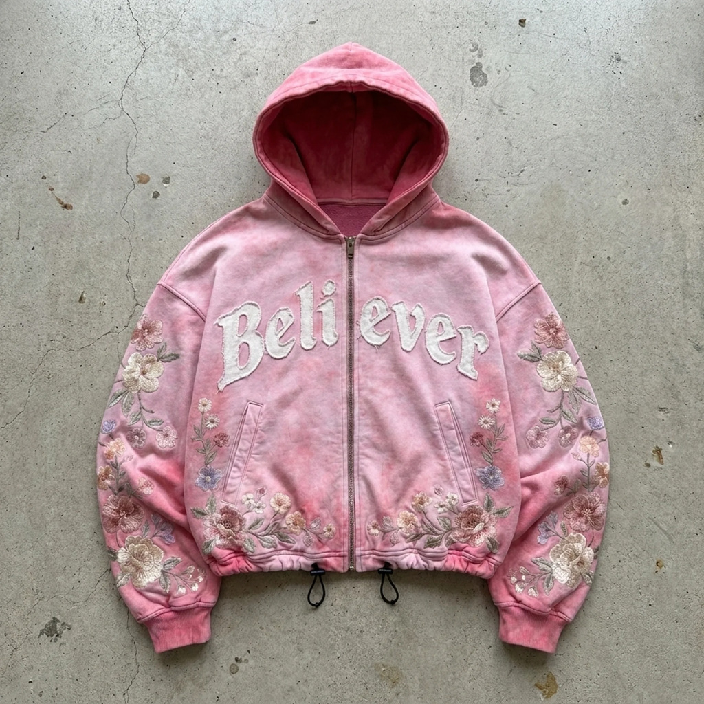 Believer – Embroidered Floral Zip Hoodie