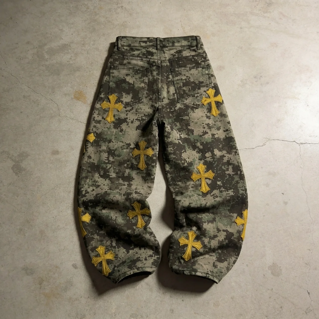 Digital Warfare – Embroidered Camo Denim Pants