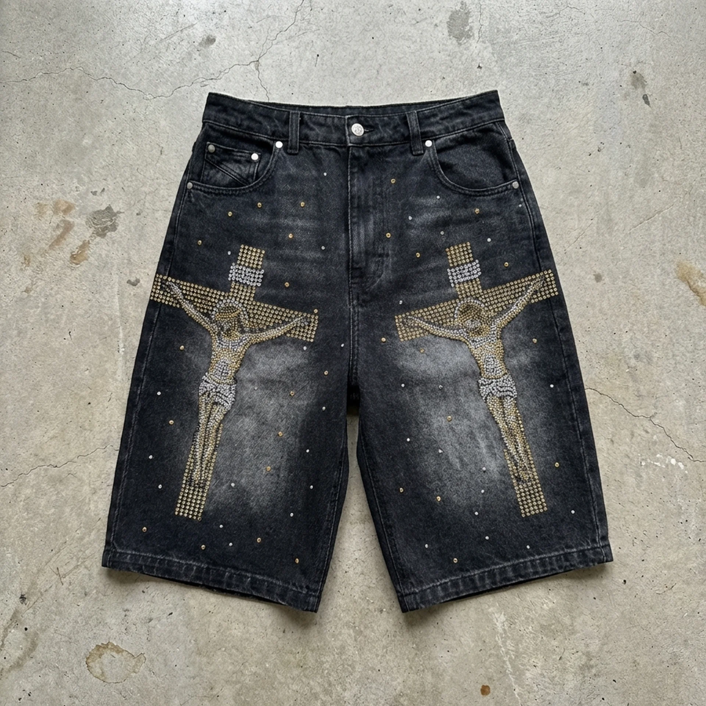 Midnight Crucifix – Rhinestone Cross Denim Shorts