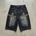 Midnight Crucifix – Rhinestone Cross Denim Shorts