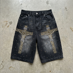 Midnight Crucifix – Rhinestone Cross Denim Shorts