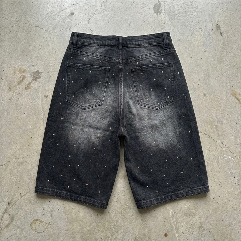 Midnight Crucifix – Rhinestone Cross Denim Shorts