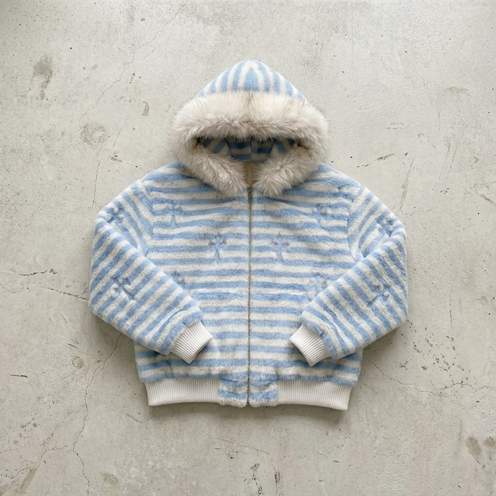 Arctic Drift – Fur Trim Striped Hoodie